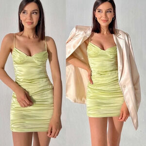 ✨NWT Zara Lime Green Satin Ruched Bustier Mini Dress Size XL Blogger Favorite